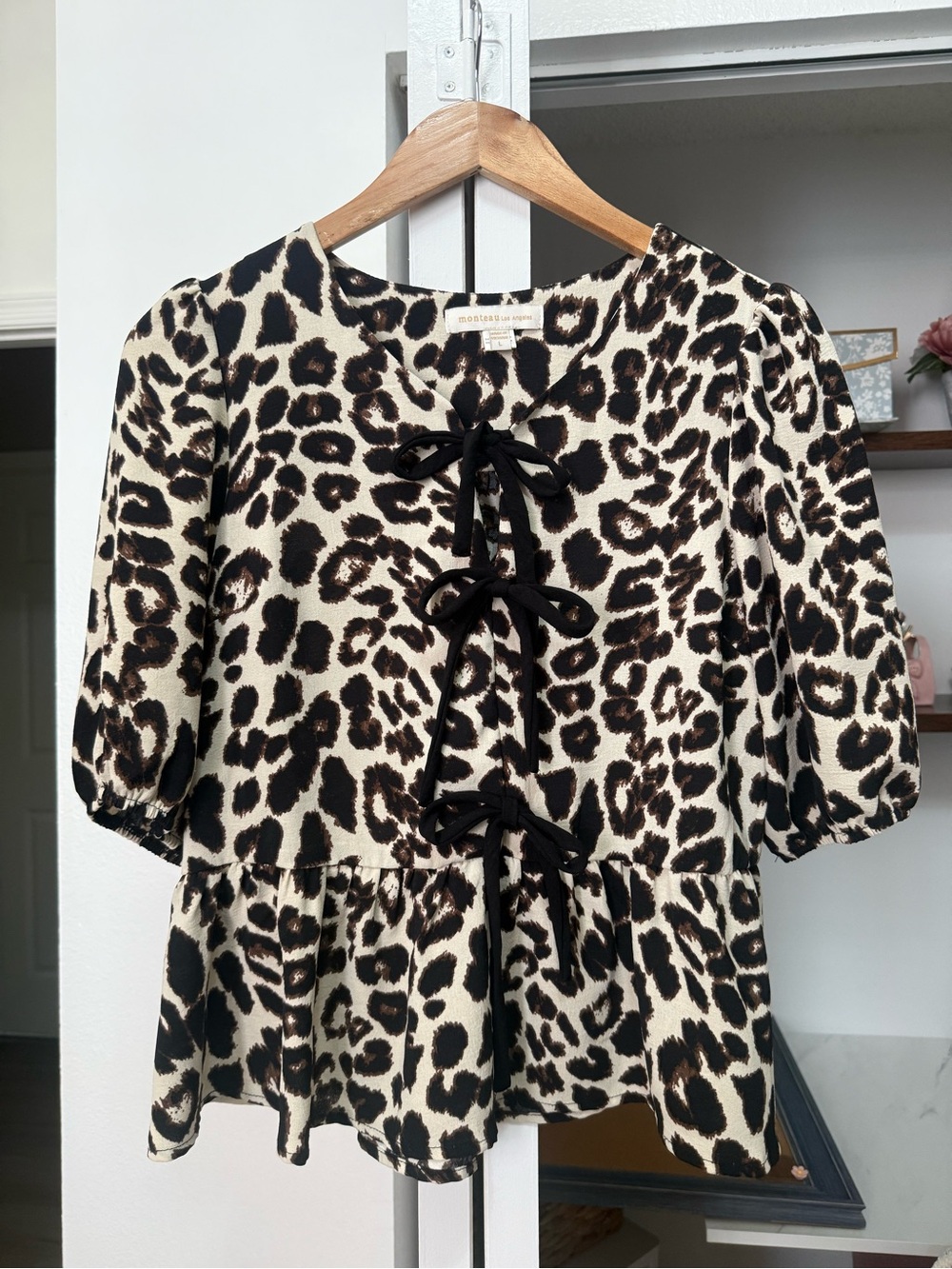 Monteau Leopard Print Tie-Front Peplum Tunic in Cream, Black, Brown